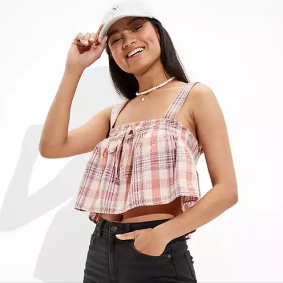 NWOT American Eagle Cotton Linen Blend Plaid Swing Crop Tank Cami Women's Size S - Picture 1 of 6
